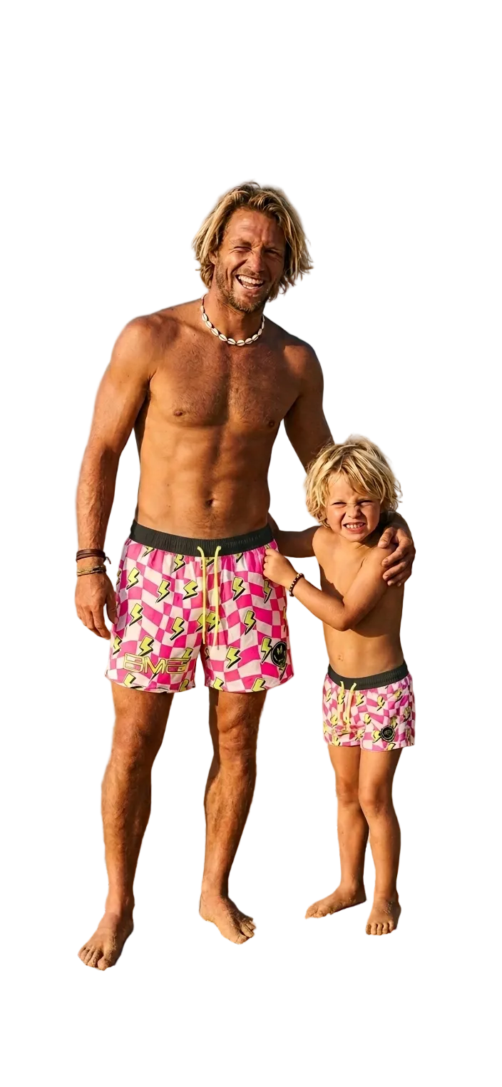 Short de bain - Rose All Over / Smiley Noir Néon Jaune