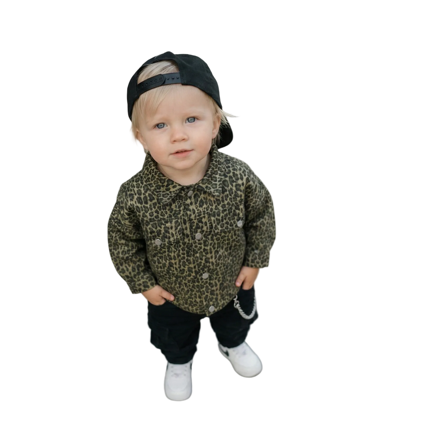 toddler boy outfit leopard denim jacket on kid oversized