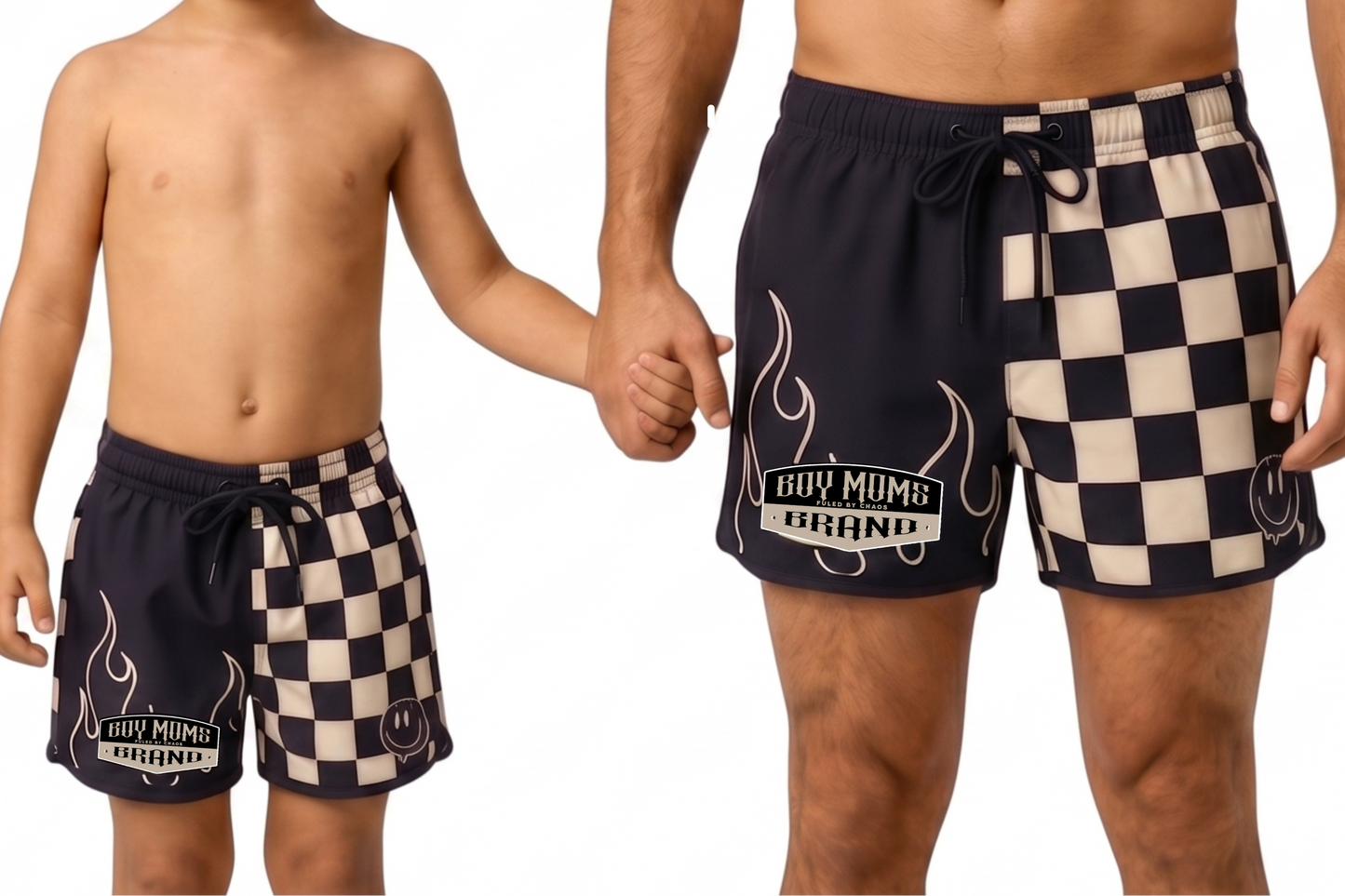 Short de bain - Checkerboard Beige & Noir / Smiley Flames