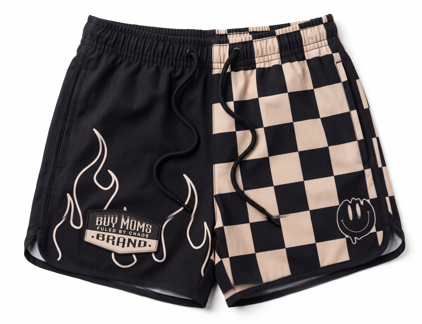 Short de bain - Checkerboard Beige & Noir / Smiley Flames