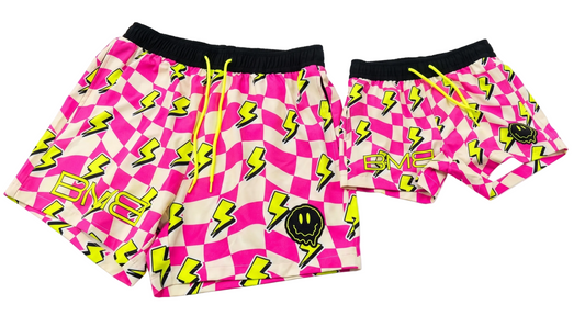 Short de bain - Rose All Over / Smiley Noir Néon Jaune