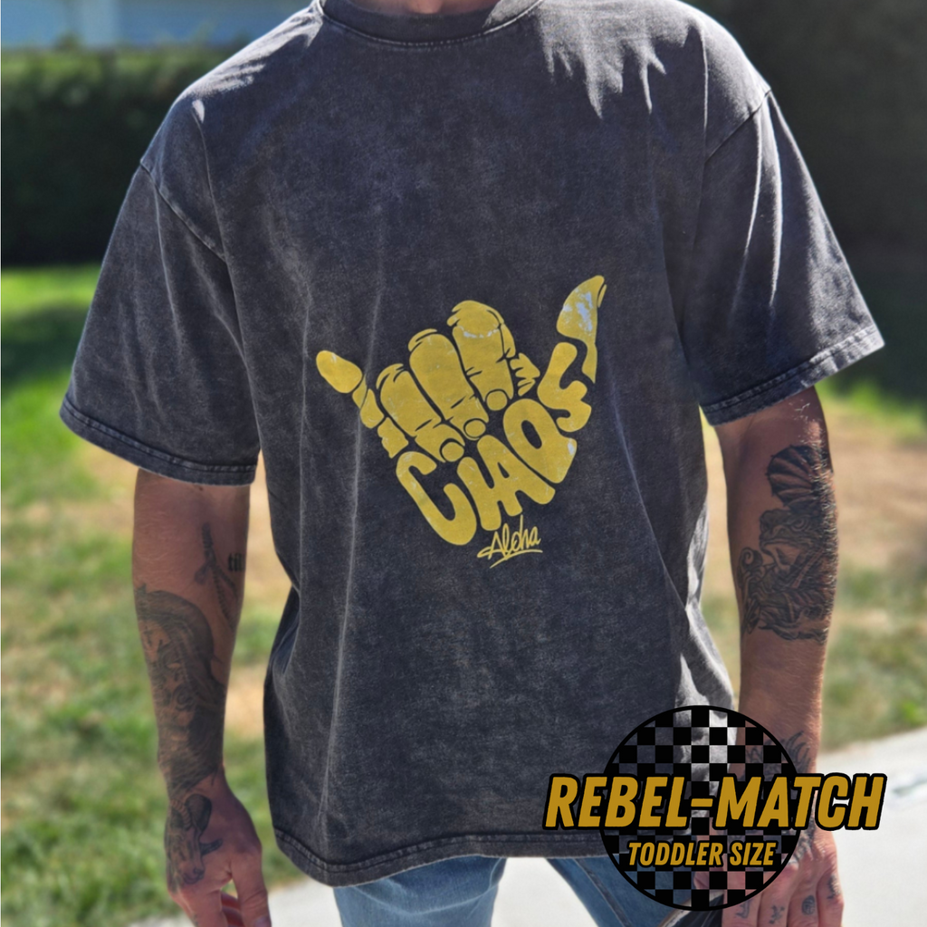 dad and son matching family outfit oversized tee shaka logo