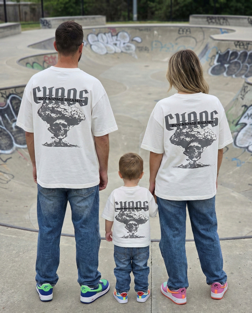 matching family outfit chaos tee in white back view