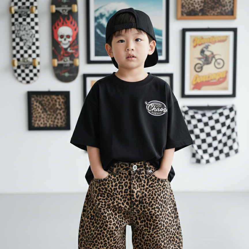 toddler boy outfit oversized black tee front view