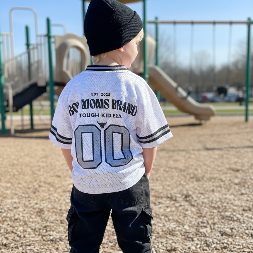 toddler boy outfit oversized football jersey back view on kid