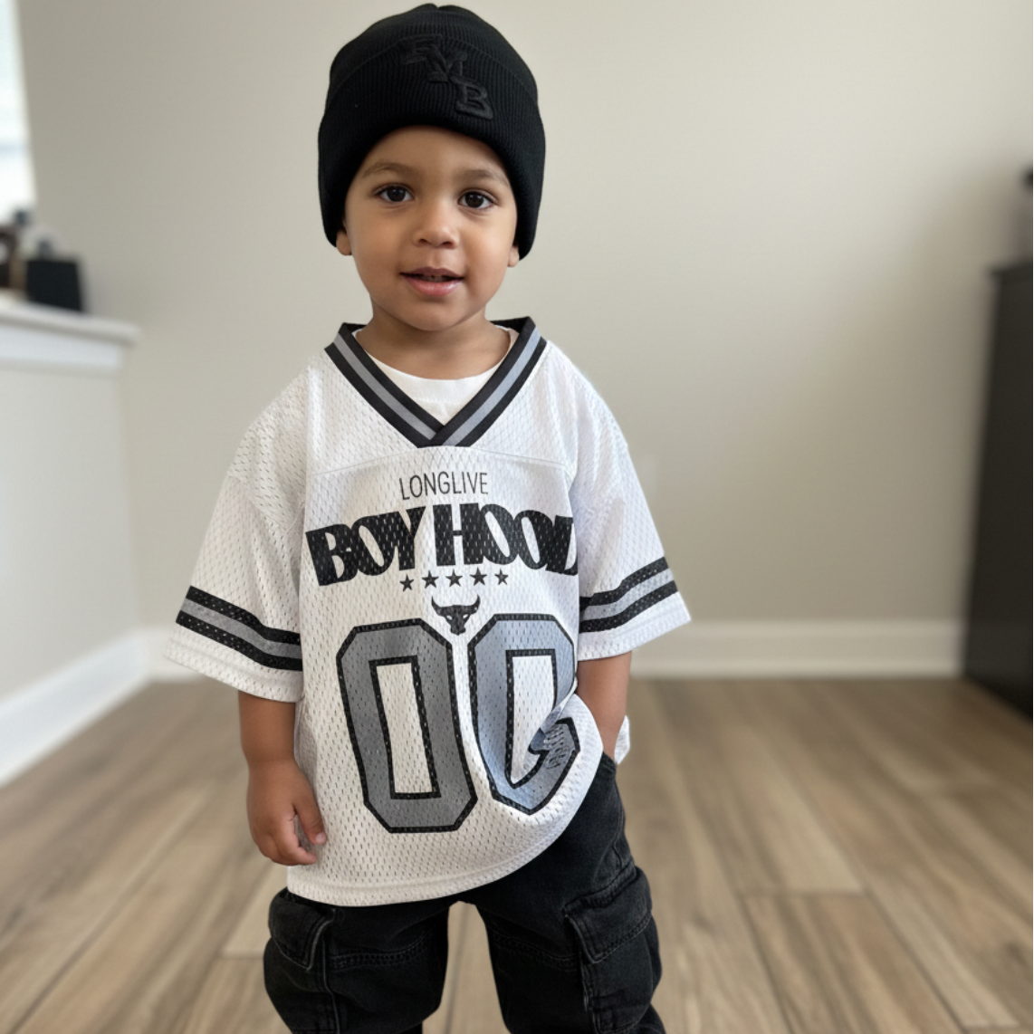 toddler boy outfit oversized football jersey tee front view