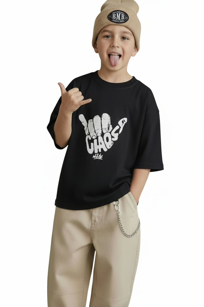 toddler boy clothing oversized black tee on kid front view