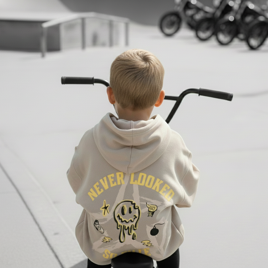 toddler boy trendy outfit oversized hoodie back view on kid