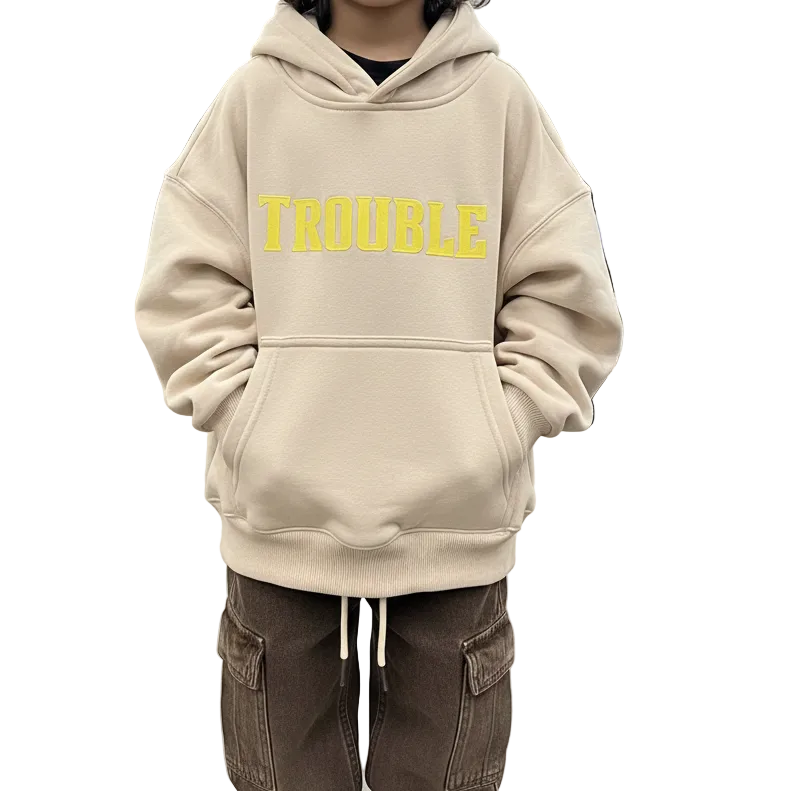 toddler boy outfit oversized beige hoodie front view on kid